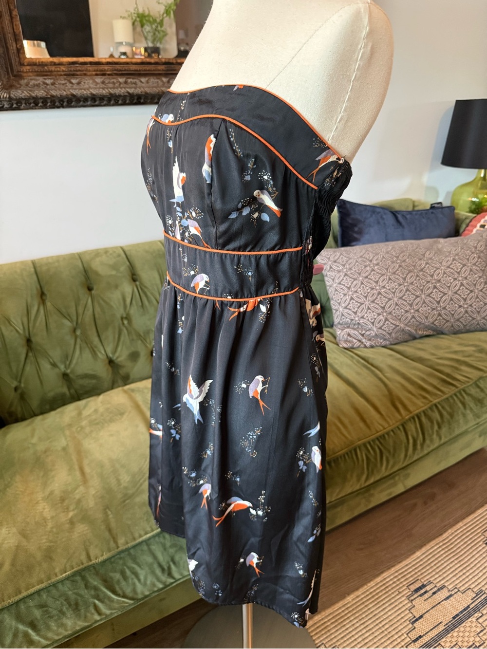 Black Strapless Bird-Print Summer Dress